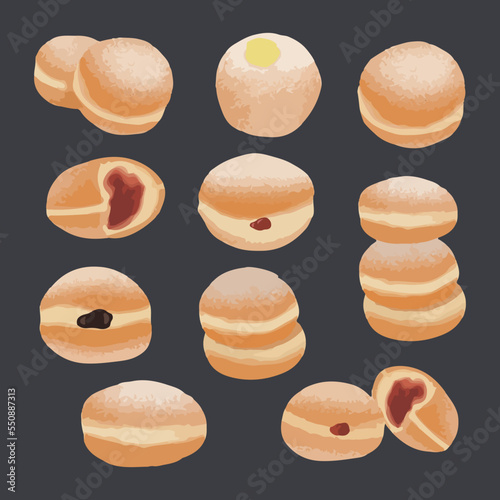 Bombolone or bomboloni is an Italian filled donut and snack food. Hand drawn watercolor vector illustration