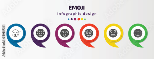emoji infographic element with filled icons and 6 step or option. emoji icons such as sleep emoji, embarrassed surprised -mouth stress blushing vector. can be used for banner, info graph, web.