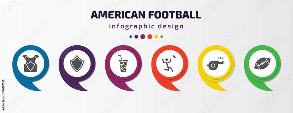 american football infographic element with filled icons and 6 step or option. american football icons such as back protection, shield, soda, catching the ball, whistle, american football vector. can american football infographic element with filled icons and 6 step or option. american football icons such as back protection, shield, soda, catching the ball, whistle, american football vector. can