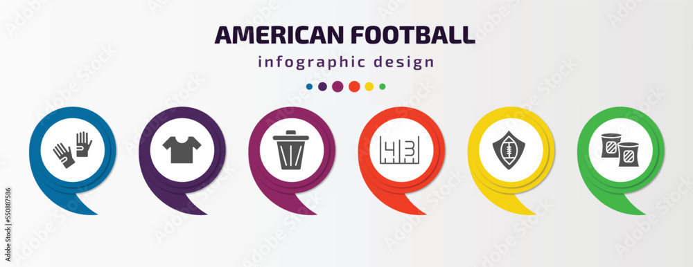 american football infographic element with filled icons and 6 step or option. american football icons such as glove for, black t shirt cloth, trash can, yard marking, football shield, gaiters