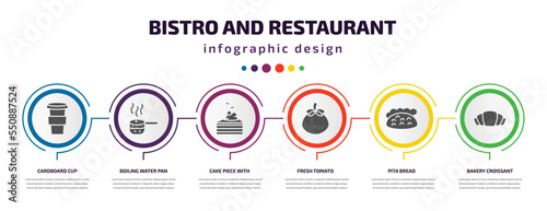 bistro and restaurant infographic element with filled icons and 6 step or option. bistro and restaurant icons such as cardboard cup, boiling water pan, cake piece with cream, fresh tomato, pita