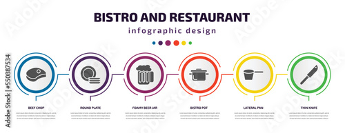 bistro and restaurant infographic element with filled icons and 6 step or option. bistro and restaurant icons such as beef chop, round plate, foamy beer jar, bistro pot, lateral pan, thin knife