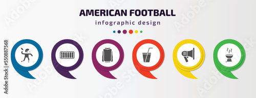 american football infographic element with filled icons and 6 step or option. american football icons such as football player, american mark, hoodie, soda drink, megaphone, with wheels vector. can