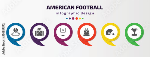 american football infographic element with filled icons and 6 step or option. american football icons such as position, first aid kit, american football goal, field, helmet, trophy vector. can be