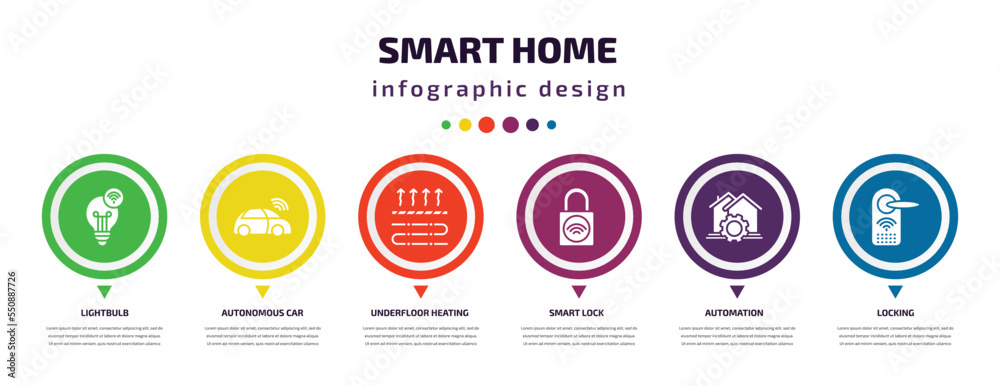 smart home infographic element with filled icons and 6 step or option. smart home icons such as lightbulb, autonomous car, underfloor heating, smart lock, automation, locking vector. can be used for smart home infographic element with filled icons and 6 step or option. smart home icons such as lightbulb, autonomous car, underfloor heating, smart lock, automation, locking vector. can be used for