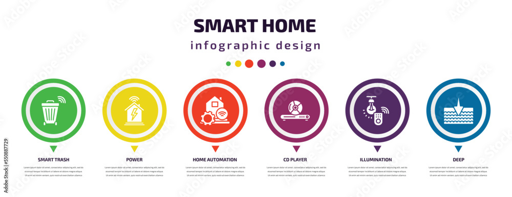 smart home infographic element with filled icons and 6 step or option. smart home icons such as smart trash, power, home automation, cd player, illumination, deep vector. can be used for banner, smart home infographic element with filled icons and 6 step or option. smart home icons such as smart trash, power, home automation, cd player, illumination, deep vector. can be used for banner,