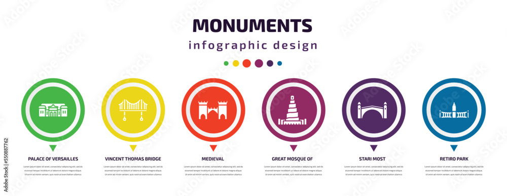 monuments infographic element with filled icons and 6 step or option. monuments icons such as palace of versailles, vincent thomas bridge, medieval, great mosque of samarra, stari most, retiro park monuments infographic element with filled icons and 6 step or option. monuments icons such as palace of versailles, vincent thomas bridge, medieval, great mosque of samarra, stari most, retiro park