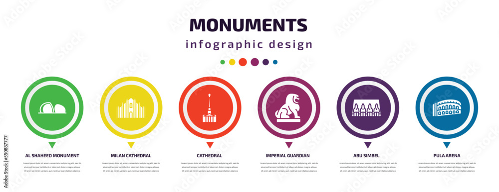 monuments infographic element with filled icons and 6 step or option. monuments icons such as al shaheed monument, milan cathedral, cathedral, imperial guardian lion, abu simbel, pula arena vector.