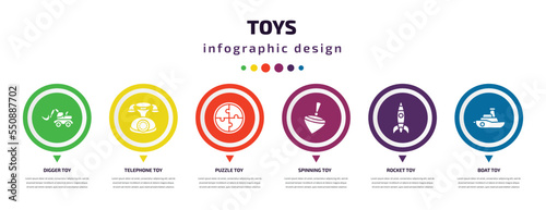 toys infographic element with filled icons and 6 step or option. toys icons such as digger toy, telephone toy, puzzle toy, spinning rocket boat vector. can be used for banner, info graph, web.