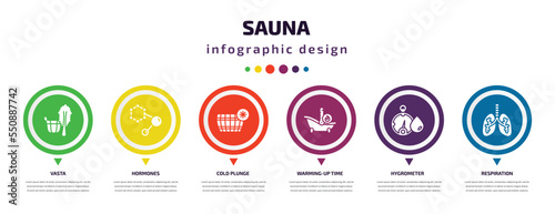 sauna infographic element with filled icons and 6 step or option. sauna icons such as vasta, hormones, cold plunge, warming-up time, hygrometer, respiration vector. can be used for banner, info