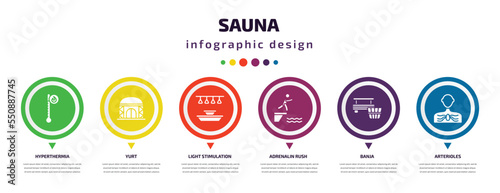 sauna infographic element with filled icons and 6 step or option. sauna icons such as hyperthermia, yurt, light stimulation, adrenalin rush, banja, arterioles vector. can be used for banner, info
