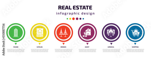 real estate infographic element with filled icons and 6 step or option. real estate icons such as facade, catalog, bridges, agent, juridical, shopping vector. can be used for banner, info graph,