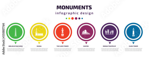 monuments infographic element with filled icons and 6 step or option. monuments icons such as obelisk of bue aires, russia, the clock tower, canyon, roman theatre of merida, clock tower vector. can