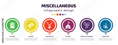 miscellaneous infographic element with filled icons and 6 step or option. miscellaneous icons such as evaluate, sharpen, army dog tag, refugee, paperclip attachment, candlestick vector. can be used