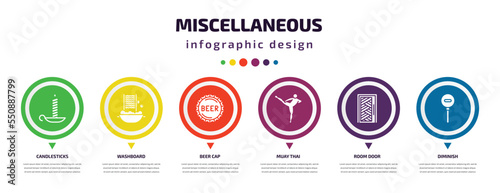 miscellaneous infographic element with filled icons and 6 step or option. miscellaneous icons such as candlesticks, washboard, beer cap, muay thai, room door, diminish vector. can be used for