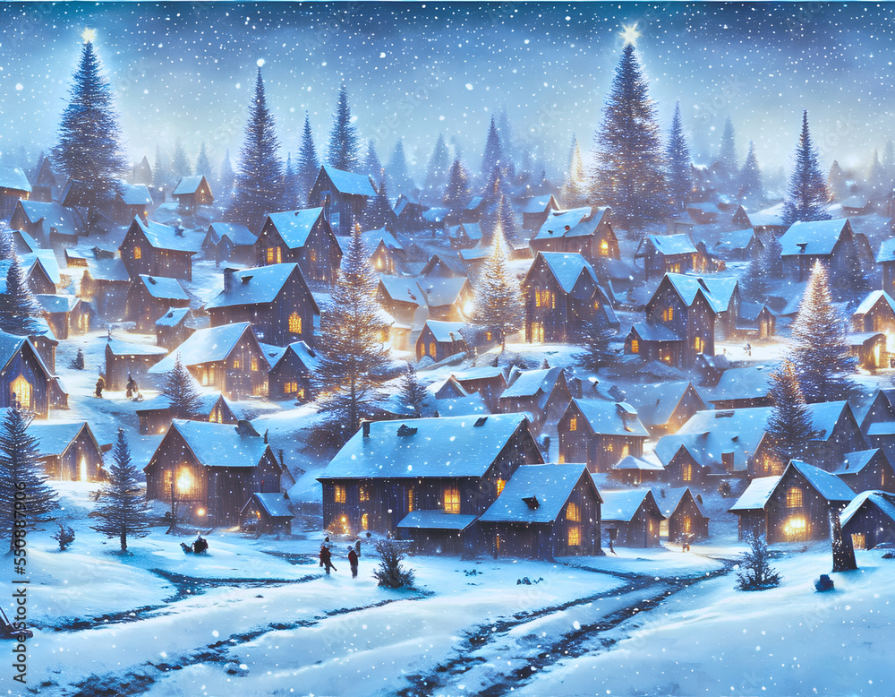 Fototapeta premium Snow-covered village at Christmastime - digital illustration
