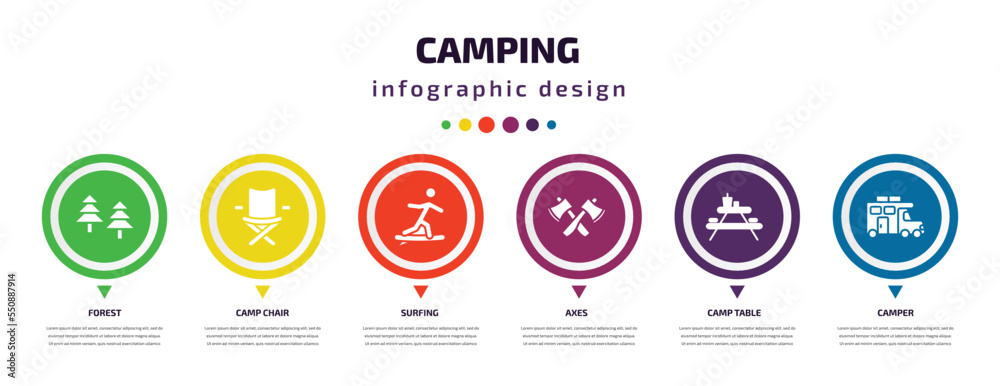 camping infographic element with filled icons and 6 step or option. camping icons such as forest, camp chair, surfing, axes, camp table, camper vector. can be used for banner, info graph, web. camping infographic element with filled icons and 6 step or option. camping icons such as forest, camp chair, surfing, axes, camp table, camper vector. can be used for banner, info graph, web.
