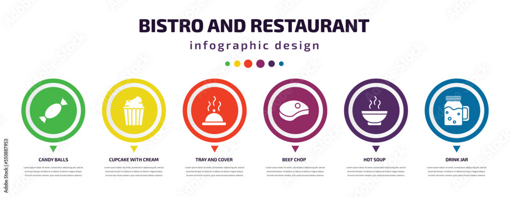 bistro and restaurant infographic element with filled icons and 6 step or option. bistro and restaurant icons such as candy balls, cupcake with cream, tray cover, beef chop, hot soup, drink jar bistro and restaurant infographic element with filled icons and 6 step or option. bistro and restaurant icons such as candy balls, cupcake with cream, tray cover, beef chop, hot soup, drink jar