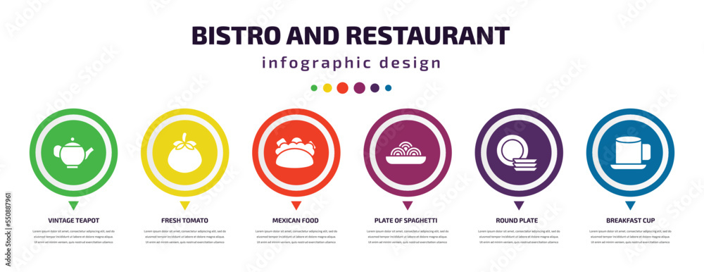 bistro and restaurant infographic element with filled icons and 6 step or option. bistro and restaurant icons such as vintage teapot, fresh tomato, mexican food, plate of spaghetti, round plate, bistro and restaurant infographic element with filled icons and 6 step or option. bistro and restaurant icons such as vintage teapot, fresh tomato, mexican food, plate of spaghetti, round plate,