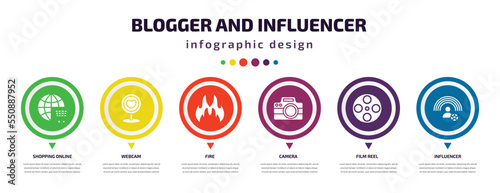blogger and influencer infographic element with filled icons and 6 step or option. blogger and influencer icons such as shopping online, webcam, fire, camera, film reel, influencer vector. can be