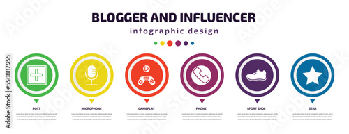 blogger and influencer infographic element with filled icons and 6 step or option. blogger and influencer icons such as post, microphone, gameplay, phone, sport shoe, star vector. can be used for