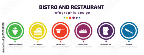 bistro and restaurant infographic element with filled icons and 6 step or option. bistro and restaurant icons such as strawberry drawing, cut cake piece, lateral pan, nachos plate, mermelade jar,