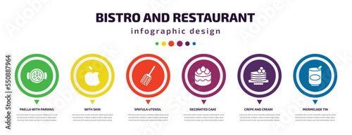 bistro and restaurant infographic element with filled icons and 6 step or option. bistro and restaurant icons such as paella with parwns, with skin, spatula utensil, decorated cake, crepe cream,