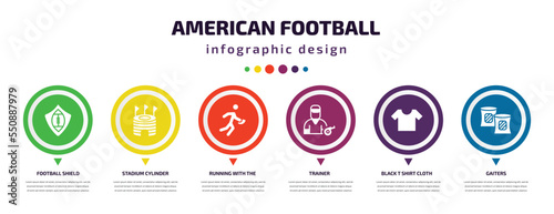 american football infographic element with filled icons and 6 step or option. american football icons such as football shield, stadium cylinder, running with the ball, trainer, black t shirt cloth,