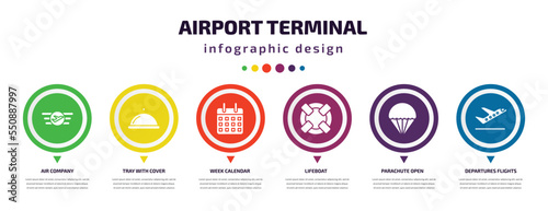 airport terminal infographic element with filled icons and 6 step or option. airport terminal icons such as air company, tray with cover, week calendar, lifeboat, parachute open, departures flights