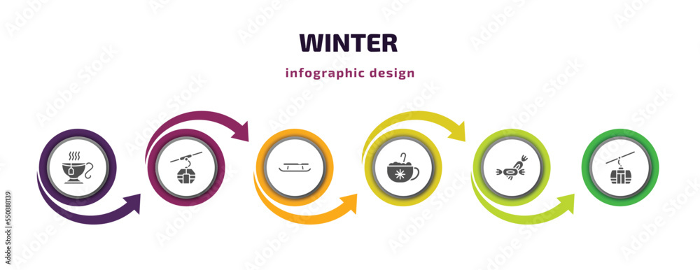 winter infographic element with filled icons and 6 step or option. winter icons such as hot tea, cable car cabin, sled, hot drink, candy, ski lift vector. can be used for banner, info graph, web. winter infographic element with filled icons and 6 step or option. winter icons such as hot tea, cable car cabin, sled, hot drink, candy, ski lift vector. can be used for banner, info graph, web.