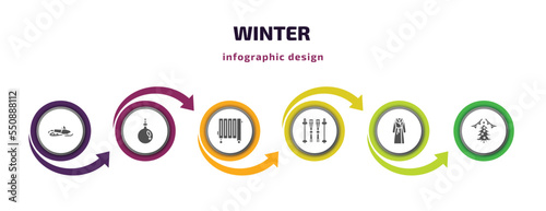 winter infographic element with filled icons and 6 step or option. winter icons such as snowmobile, bauble, heater, ski equiptment, coat, christmas day vector. can be used for banner, info graph,