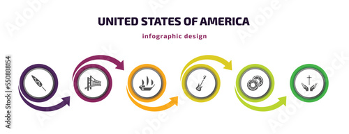 united states of america infographic element with filled icons and 6 step or option. united states of america icons such as corndog, golden state, columbus day, electric guitar, donut, blessings