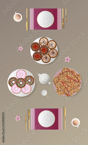 Dinner table - top view. Dinner table for two person with sweets for dessert such as cookies, cakes and donuts with coffee