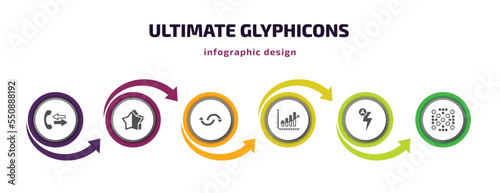 ultimate glyphicons infographic element with filled icons and 6 step or option. ultimate glyphicons icons such as phone call outcoming, half star full, reload circular arrow, upload arrow with bar, photo