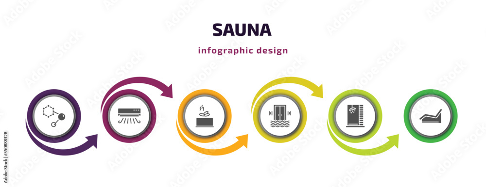 sauna infographic element with filled icons and 6 step or option. sauna icons such as hormones, air cooling, earth sauna, sound stimulation, luxury shower, laconium vector. can be used for banner, sauna infographic element with filled icons and 6 step or option. sauna icons such as hormones, air cooling, earth sauna, sound stimulation, luxury shower, laconium vector. can be used for banner,