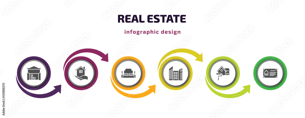 real estate infographic element with filled icons and 6 step or option. real estate icons such as storehouse, real estate, bedroom, skyscraper, paint roll, certification vector. can be used for