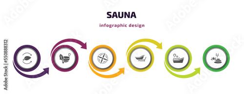 sauna infographic element with filled icons and 6 step or option. sauna icons such as fresh air supply, green sauna, regeneration, private spa, asian bath, well-being vector. can be used for banner,