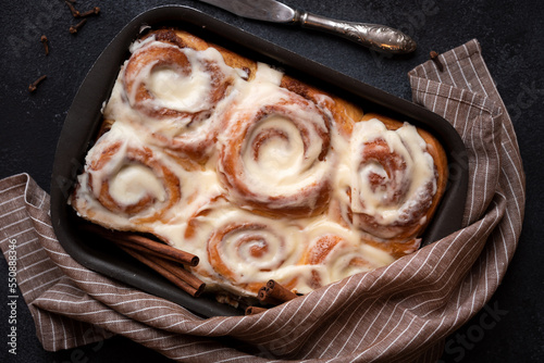 Delicious homemade cinnamon rolls, traditional winter sweets photo