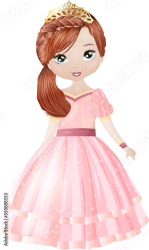 Beautiful cartoon princess isolated on white. Little princess with crown in pink dress. Vector illustration of a young girl