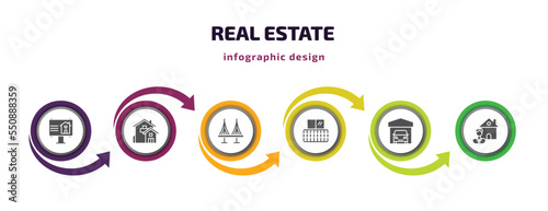 real estate infographic element with filled icons and 6 step or option. real estate icons such as billboard, mansion, bridges, balcony, garage, agent vector. can be used for banner, info graph, web.