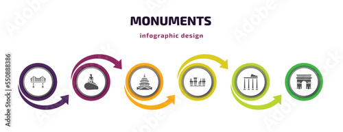monuments infographic element with filled icons and 6 step or option. monuments icons such as vincent thomas bridge, denmark, united states capitol, roman theatre of merida, temple of apollo, arc of