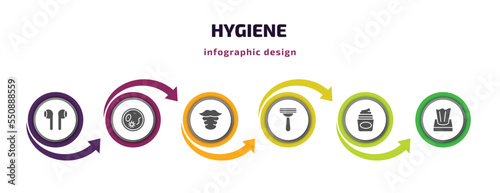 hygiene infographic element with filled icons and 6 step or option. hygiene icons such as ear buds, pathogen, beardy, shaving razor, , tissues vector. can be used for banner, info graph, web.