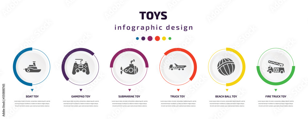 toys infographic element with filled icons and 6 step or option. toys icons such as boat toy, gamepad toy, submarine toy, truck beach ball fire truck vector. can be used for banner, info graph, web. toys infographic element with filled icons and 6 step or option. toys icons such as boat toy, gamepad toy, submarine toy, truck beach ball fire truck vector. can be used for banner, info graph, web.