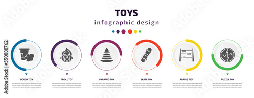 toys infographic element with filled icons and 6 step or option. toys icons such as dough toy, troll toy, pyramid toy, skate abacus puzzle vector. can be used for banner, info graph, web.