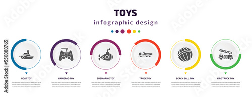 toys infographic element with filled icons and 6 step or option. toys icons such as boat toy, gamepad toy, submarine toy, truck beach ball fire truck vector. can be used for banner, info graph, web.