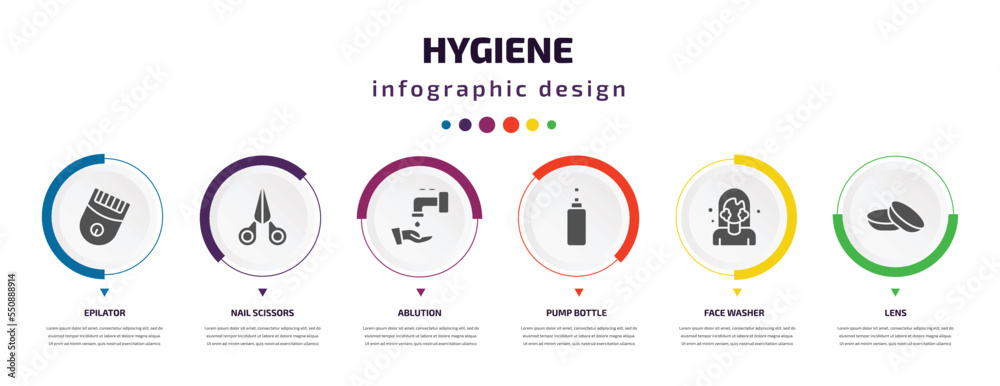 hygiene infographic element with filled icons and 6 step or option. hygiene icons such as epilator, nail scissors, ablution, pump bottle, face washer, lens vector. can be used for banner, info hygiene infographic element with filled icons and 6 step or option. hygiene icons such as epilator, nail scissors, ablution, pump bottle, face washer, lens vector. can be used for banner, info