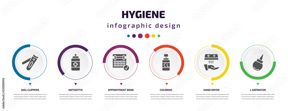 hygiene infographic element with filled icons and 6 step or option. hygiene icons such as nail clippers, antiseptic, appointment book, chlorine, hand dryer, l aspirator vector. can be used for hygiene infographic element with filled icons and 6 step or option. hygiene icons such as nail clippers, antiseptic, appointment book, chlorine, hand dryer, l aspirator vector. can be used for