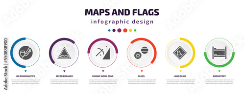 maps and flags infographic element with filled icons and 6 step or option. maps and flags icons such as no smoking pipe, speed breaker, mining work zone, flags, land slide, dormitory vector. can be
