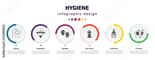 hygiene infographic element with filled icons and 6 step or option. hygiene icons such as douche, washbasin, microbes, face towel, extractor, flossing vector. can be used for banner, info graph,
