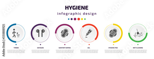 hygiene infographic element with filled icons and 6 step or option. hygiene icons such as throw, ear buds, sanitary napkin, gel, hygienic pad, wet cleaning vector. can be used for banner, info
